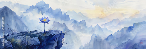 watercolor painting, a flower on the edge of a cliff with mountains in the background.
