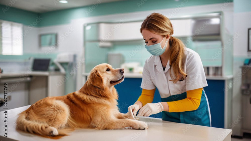 Cute dog at vet station. Veterinary clinic concept. Services of a doctor for animals, health and treatment of pets.