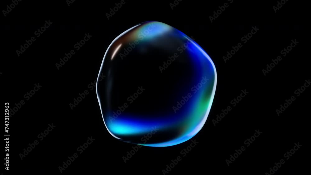 Realistic water bubble on black backdrop. Abstract liquid distorted sphere with iridescence. 3d render animation loopable