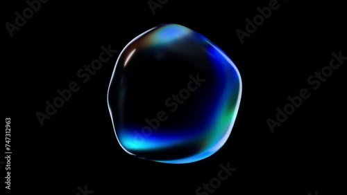 Realistic water bubble on black backdrop. Abstract liquid distorted sphere with iridescence. 3d render animation loopable