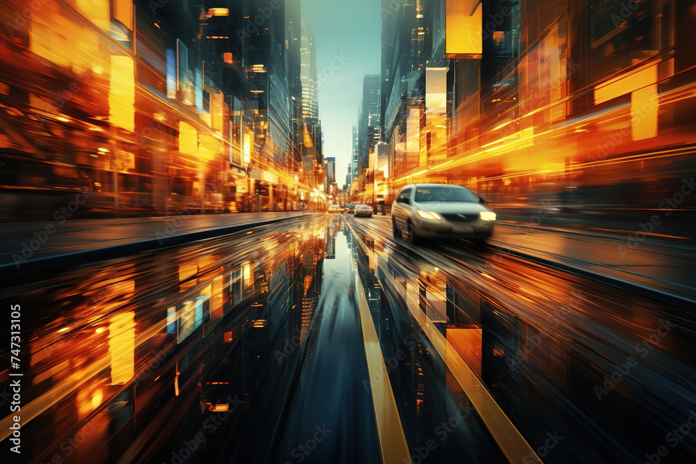Fast moving car background with shining glowing urban cityscape lights in teal and orange colors