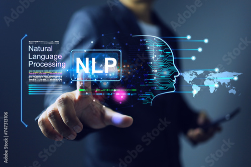 natural language processing NLP concept with businessman touch on computer processor to connecting on user interface photo