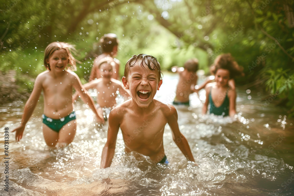 Group of children of various nationalities playing in the stream in summer. Group of children of various nationalities playing in the stream in summer.