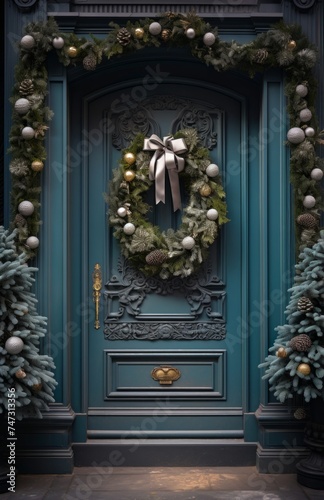 Luxurious Christmas Wreath on a Vintage Door. Christmas concept