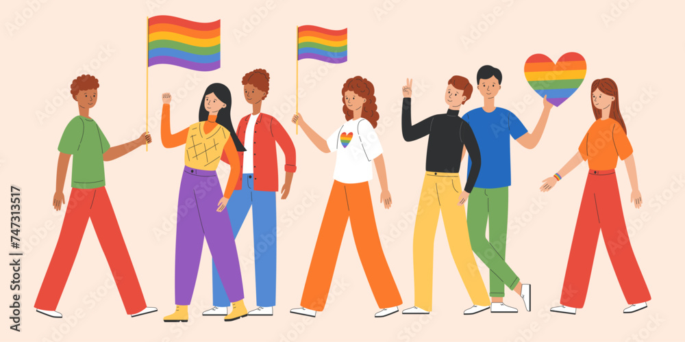 LGBT community. Different people hold rainbow flags. Gays, lesbians, transsexuals and bisexual celebrating LGBT pride month. LGBTQ pride. Vector illustration in flat style