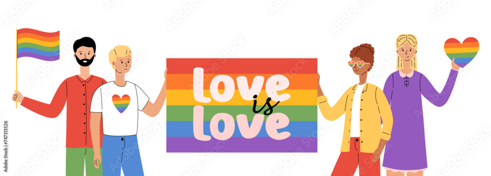 Obraz premium LGBT community. Different people hold rainbow flag, banner love is love and heart. Gays, lesbians, transsexuals and bisexual celebrating LGBT pride month. LGBTQ. Vector illustration in flat style