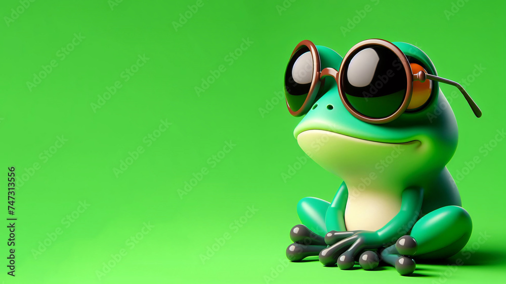3d frog wearing glass isolated on green background