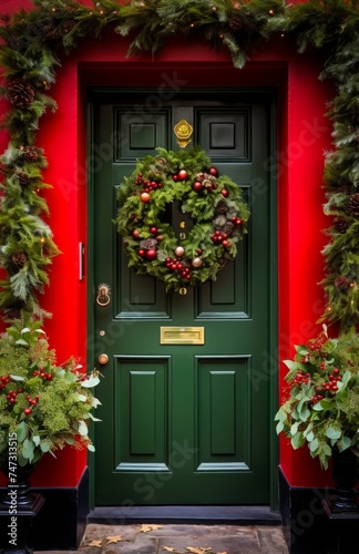 Festive Christmas Wreath on a Green Door. Christmas concept