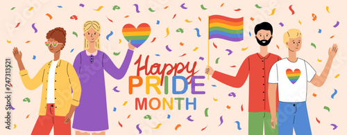Happy pride month banner. LGBT community. Different people hold rainbow flag and heart. Gays, lesbians, transsexuals and bisexual pride parade. LGBTQ pride. Vector illustration in flat style