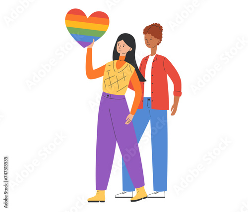 LGBT community. Women lesbians or bisexuals hug and hold rainbow heart. Pride parade. LGBTQ pride month. Vector illustration in flat style 