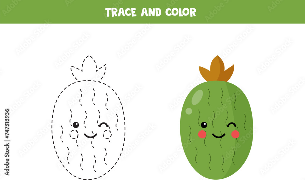 Trace and color cute feijoa fruit. Printable worksheet for children.