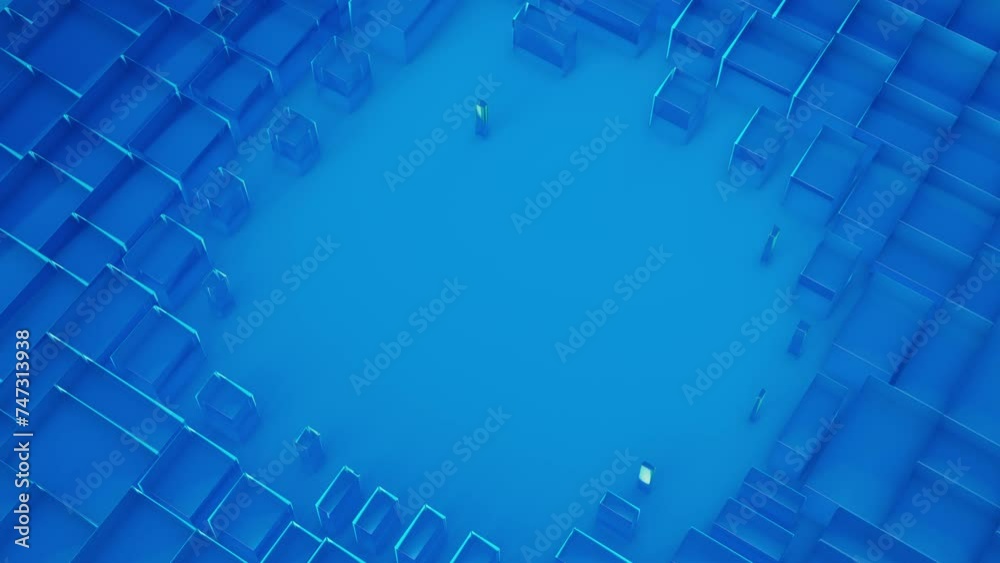 Blue Semi-transparent glass blocks motion on a background with a place for text. 3d render animation loopable