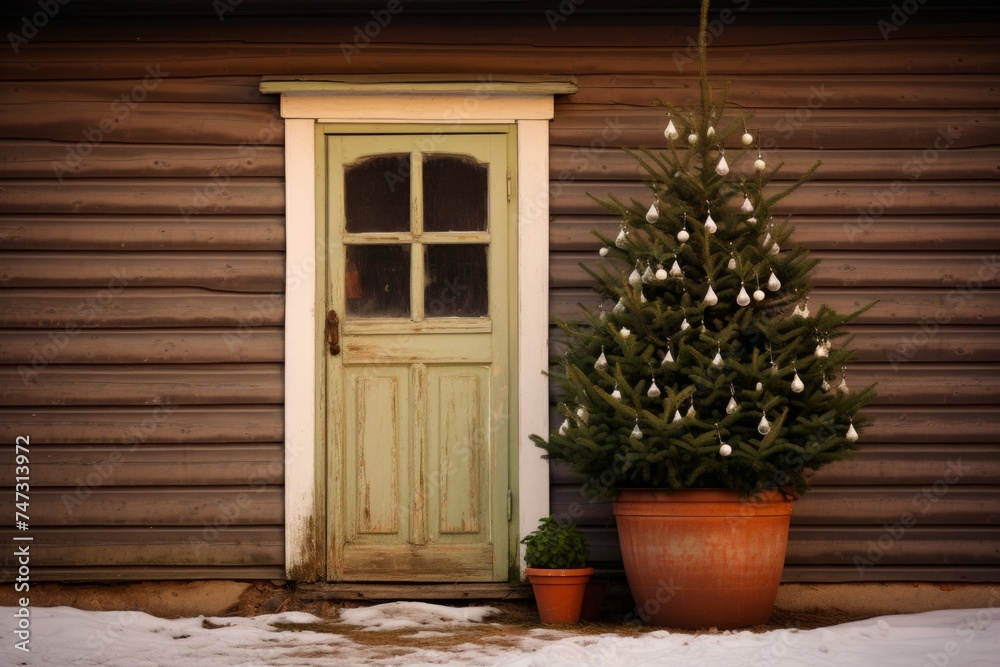 Quaint Doorway with Christmas Tree and Snow. Rustic Winter Charm Quaint Doorway with Christmas Tree and Snow. Rustic Winter Charm