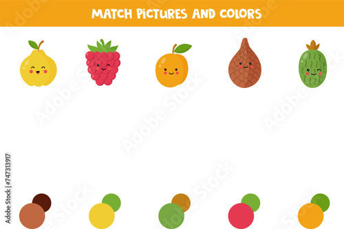 Match kawaii fruits and berries with colors. Educational worksheet for kids.