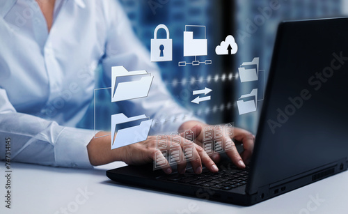   Online documentation database. AI document management system DMS concept.  FTP (File Transfer Protocol), Secure FTP. Internet cloud technology, exchange information and data storage concept