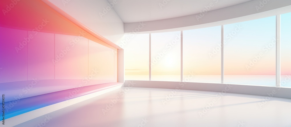 An abstract smooth architectural white interior featuring a minimalist design with a color gradient, showcasing an empty room with a large window that offers a breathtaking view of the ocean. An abstract smooth architectural white interior featuring a minimalist design with a color gradient, showcasing an empty room with a large window that offers a breathtaking view of the ocean.