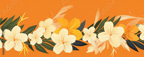 a painting of flowers on an orange background with leaves and flowers on the bottom of the painting, and a green leafy branch, generative ai