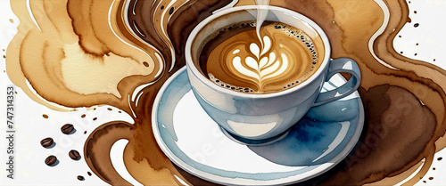 A cup of coffee with latte art. Expressing the scent of coffee. Illustration in watercolor style.