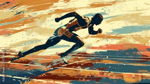 illustration of a black man running on an athletics field banner style. concept olympic games, sports