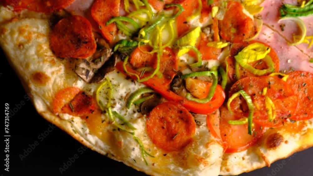 Pizza rotates on a black background, side view, close-up. Pizza with toppings, salami, tomatoes, fresh onions, ham, olives, peppers, cheese. Fast food. Pizza rotates on a black background, side view, close-up. Pizza with toppings, salami, tomatoes, fresh onions, ham, olives, peppers, cheese. Fast food.