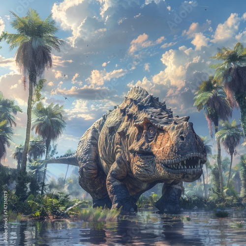 Jurassic Dawn  A Surreal Encounter with Nature s Ancient Giants. Amidst the Fantasy Landscape  Mighty Dinosaurs Roam