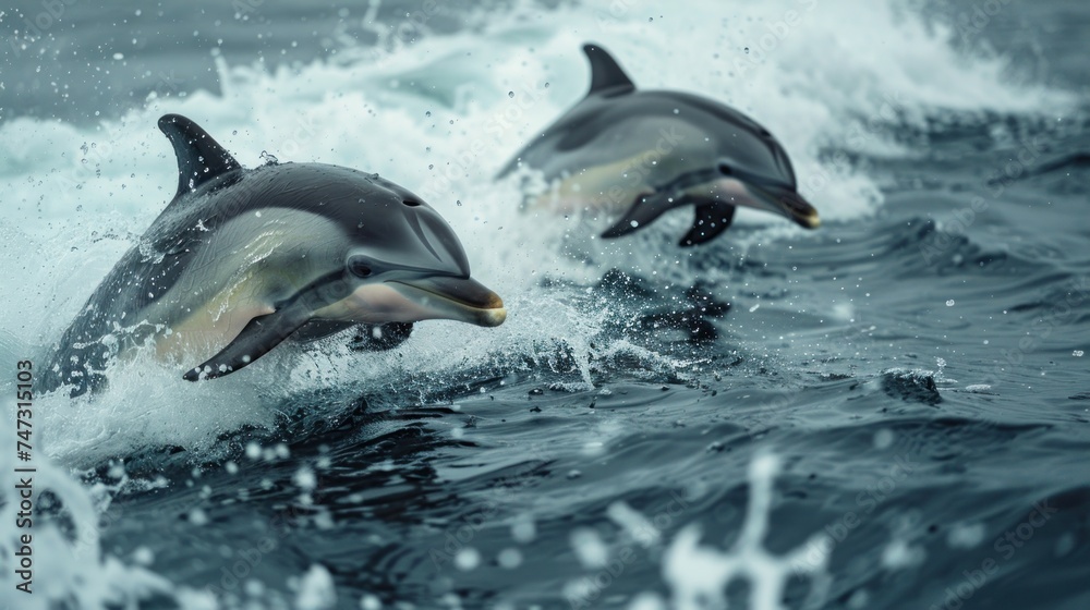 Obraz premium Dolphins Dancing: Graceful Mammals Gliding through the Blue Waters of the Ocean. With their Playful Nature and Intelligent Eyes