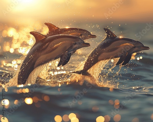 Dolphins Dancing: Graceful Mammals Gliding through the Blue Waters of the Ocean. With their Playful Nature and Intelligent Eyes