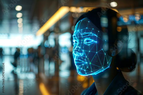 An innovative depiction of facial recognition holograms seamlessly scanning and verifying passengers' identities, the check-in process for flights. futuristic and efficient travel experience photo