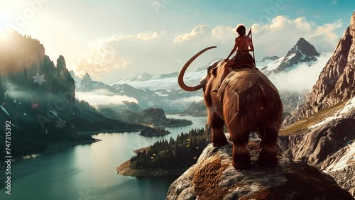 hunter riding a mammoth on a hill with beautiful views. Seamless looping time-lapse virtual 4k video animation background	
 photo