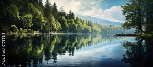 A painting depicting a tranquil lake nestled among a forest of majestic trees, reflecting the beauty and peacefulness of the natural surroundings.