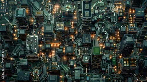 City on the Circuit Board. Fusion of Technology and Urban Innovation. Amidst a Matrix of Digital Connections, Futuristic Skyscrapers Rise into the Night Sky