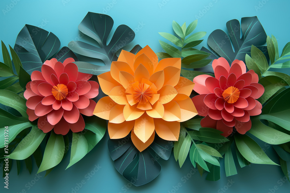 Paper craft Flower Decoration Concept. Flowers and leaves made of pape. Generative AI