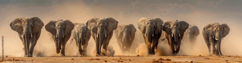 Stampede of Elephant. Display of Nature Giants in Motion. Sandy Backdrop of the African Wilderness, a Herd of Elephants Races Across the Desert