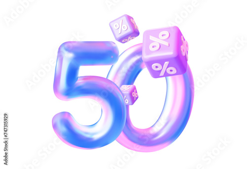 Holographic 50% discount symbol with flying cubes as a percentage. 3D Vector illustration. 
