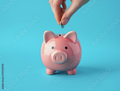 A hand saving money by putting a coin in a pink piggy bank on a blue background, earnings and pension deposit, budget management, investment income and profit