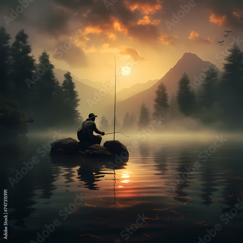 A fisherman casting a line into a tranquil lake. 