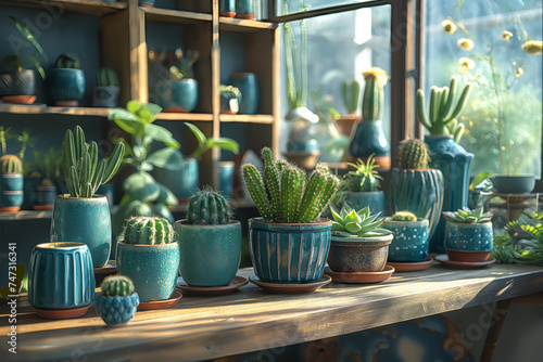 Aesthetic home with cactus and plants on a wooden shelf. Generative AI