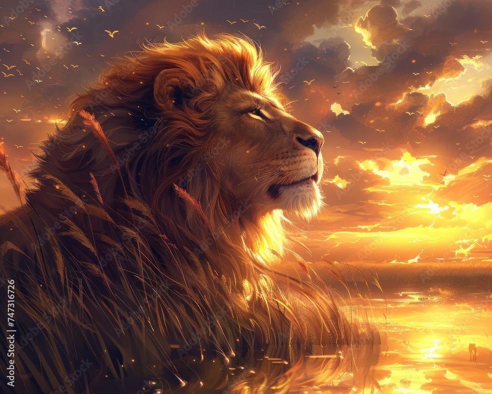 Naklejka premium Majestic King of the African Savannah. Lion, the Wild Beauty of Nature. A Dangerous Predator, the Symbol of Africa's Wilderness