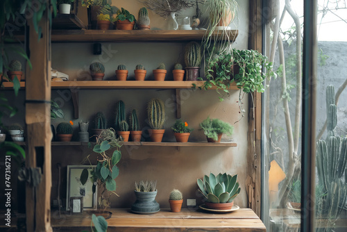 Aesthetic home with cactus and plants on a wooden shelf. Generative AI © Anthony Paz