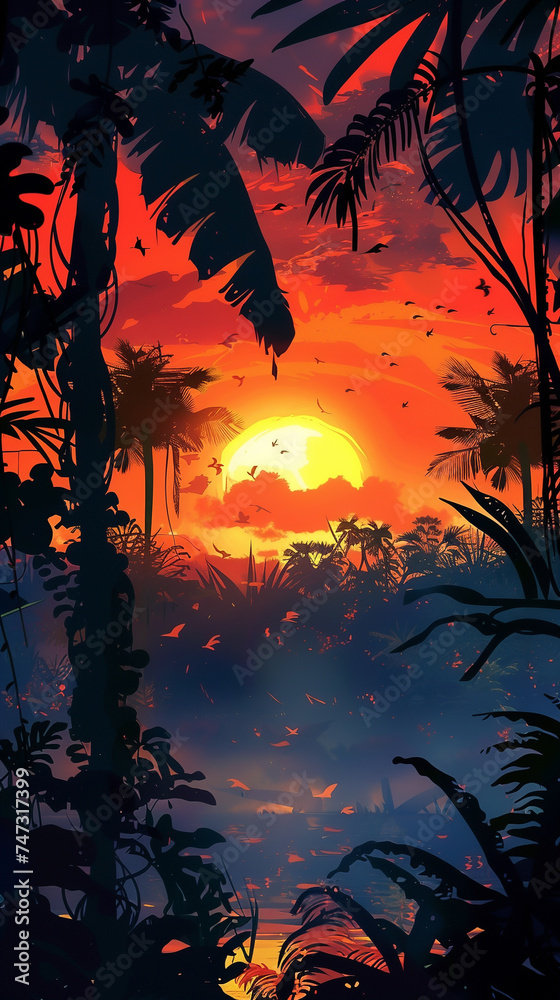 Exotic jungle at dusk fantasia inspired colors contrast against radical untamed wildlife silhouettes