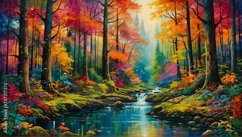 colorful and vibrant forest with lush trees, sparkling streams, and various wildlife.
