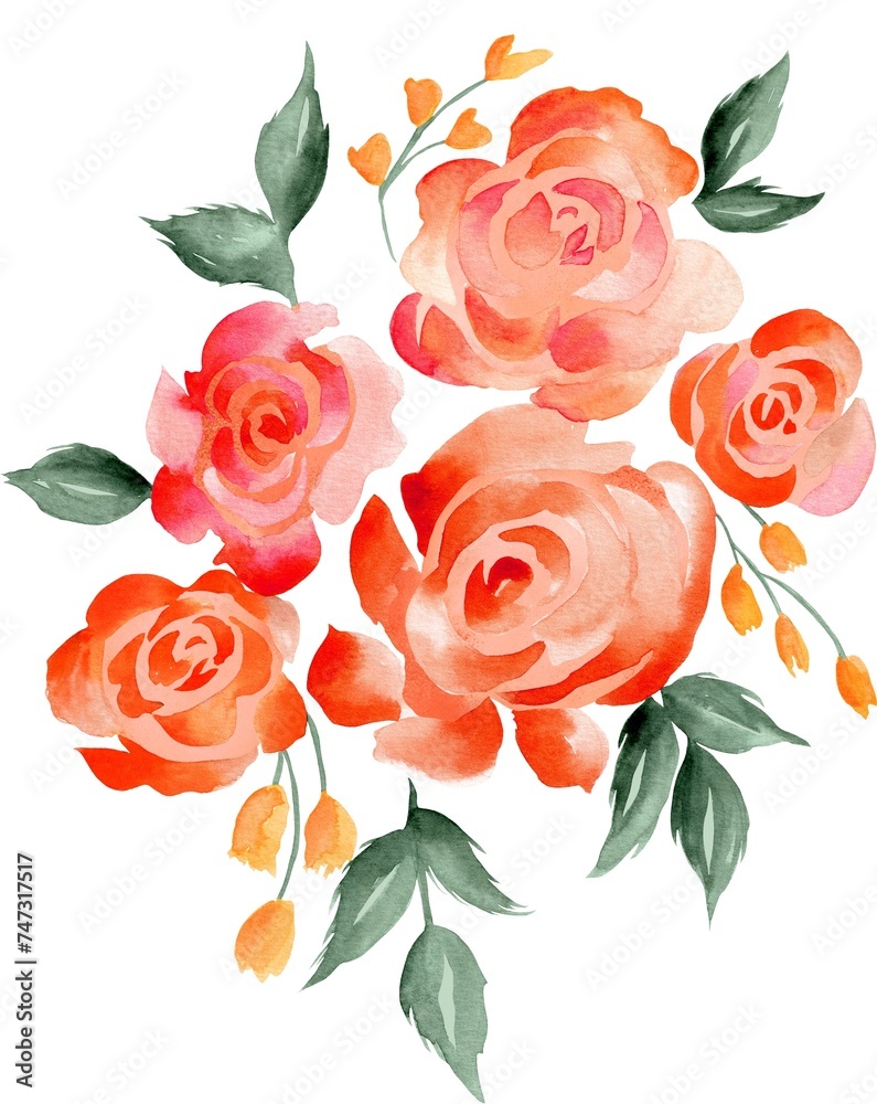 Watercolor Bouquet of flowers, isolated, white background, orange roses and green leaves