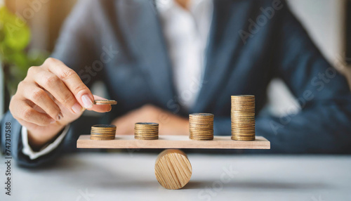Hand balances coins on seesaw, symbolizing financial stability and management