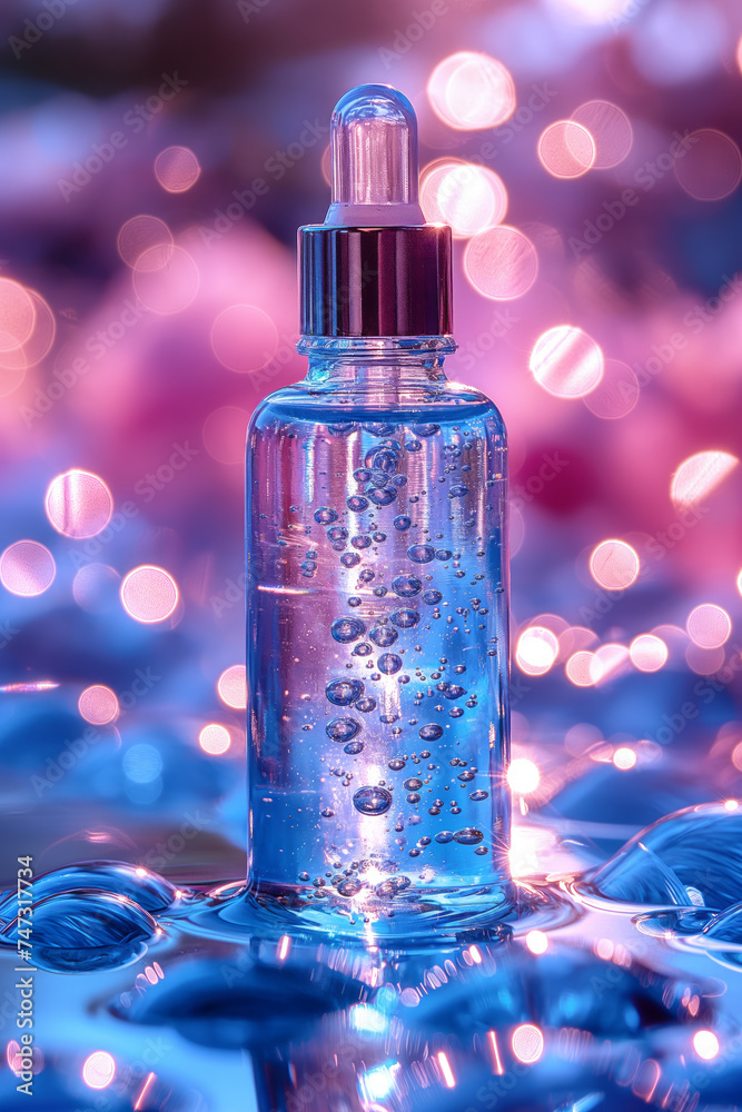 Transparent glass dropper bottle with liquid and oxygen bubbles on background with cosmetic drops in sunlight. Generative AI Transparent glass dropper bottle with liquid and oxygen bubbles on background with cosmetic drops in sunlight. Generative AI