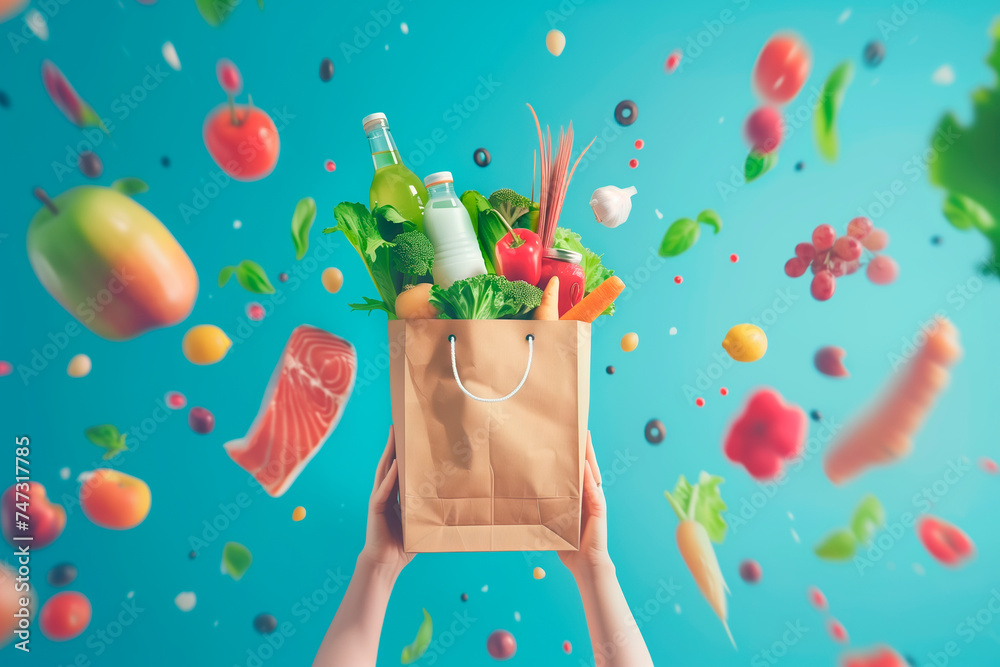 Close-up of female hands holding a package with fresh vegetables, fruits, salmon. Healthy eating and keto diet Close-up of female hands holding a package with fresh vegetables, fruits, salmon. Healthy eating and keto diet