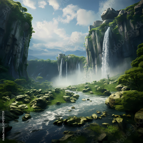 A majestic waterfall in a lush green landscape.
