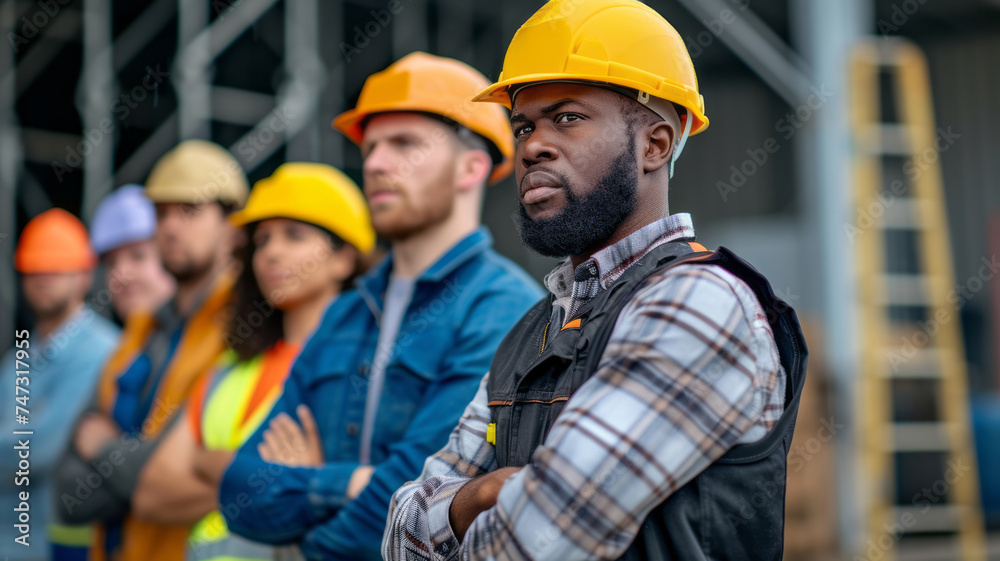 A diverse group of confident construction workers in safety gear stands with arms crossed, representing teamwork and professionalism in the industry A diverse group of confident construction workers in safety gear stands with arms crossed, representing teamwork and professionalism in the industry