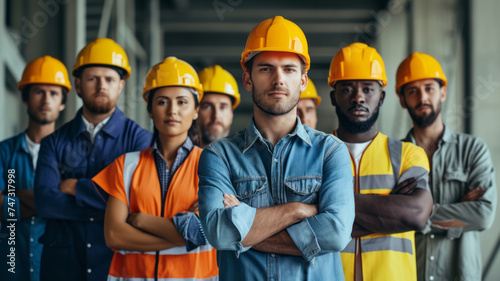 A diverse group of confident construction workers in safety gear stands with arms crossed, representing teamwork and professionalism in the industry