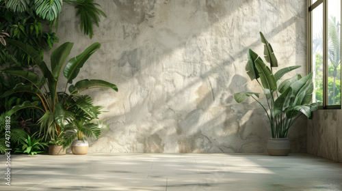 Concrete wall with indoor green plants - Indoor green plants adding life to a room with a beige concrete wall and sunlight
