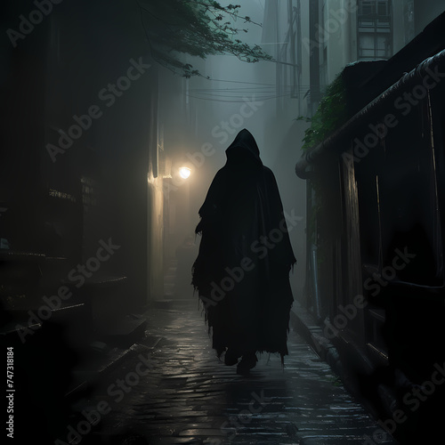 A mysterious hooded figure in a foggy alley.
